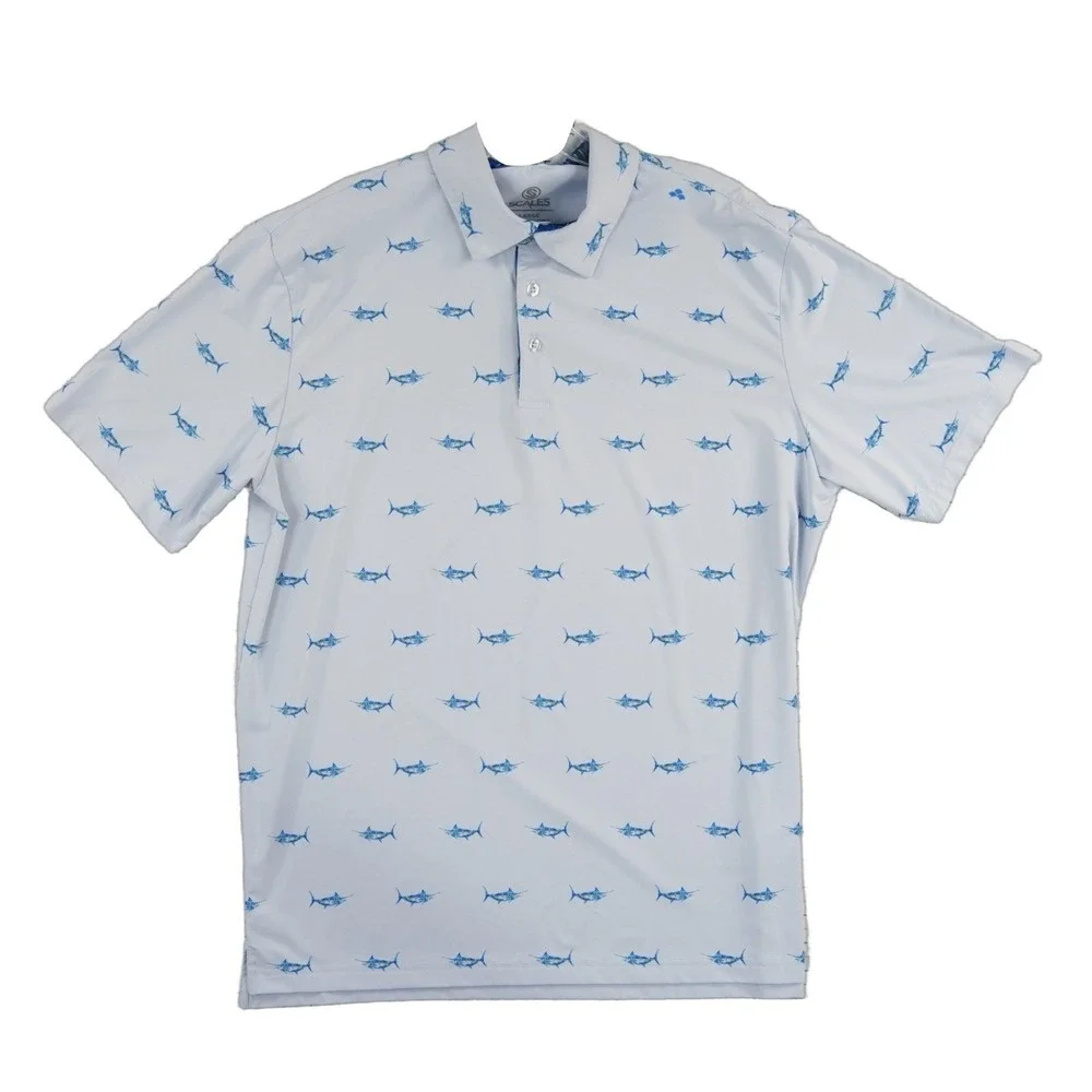 Scales Polo Shirt Men's Size Large Light Blue‎ Marlin Fish Performance Stretch